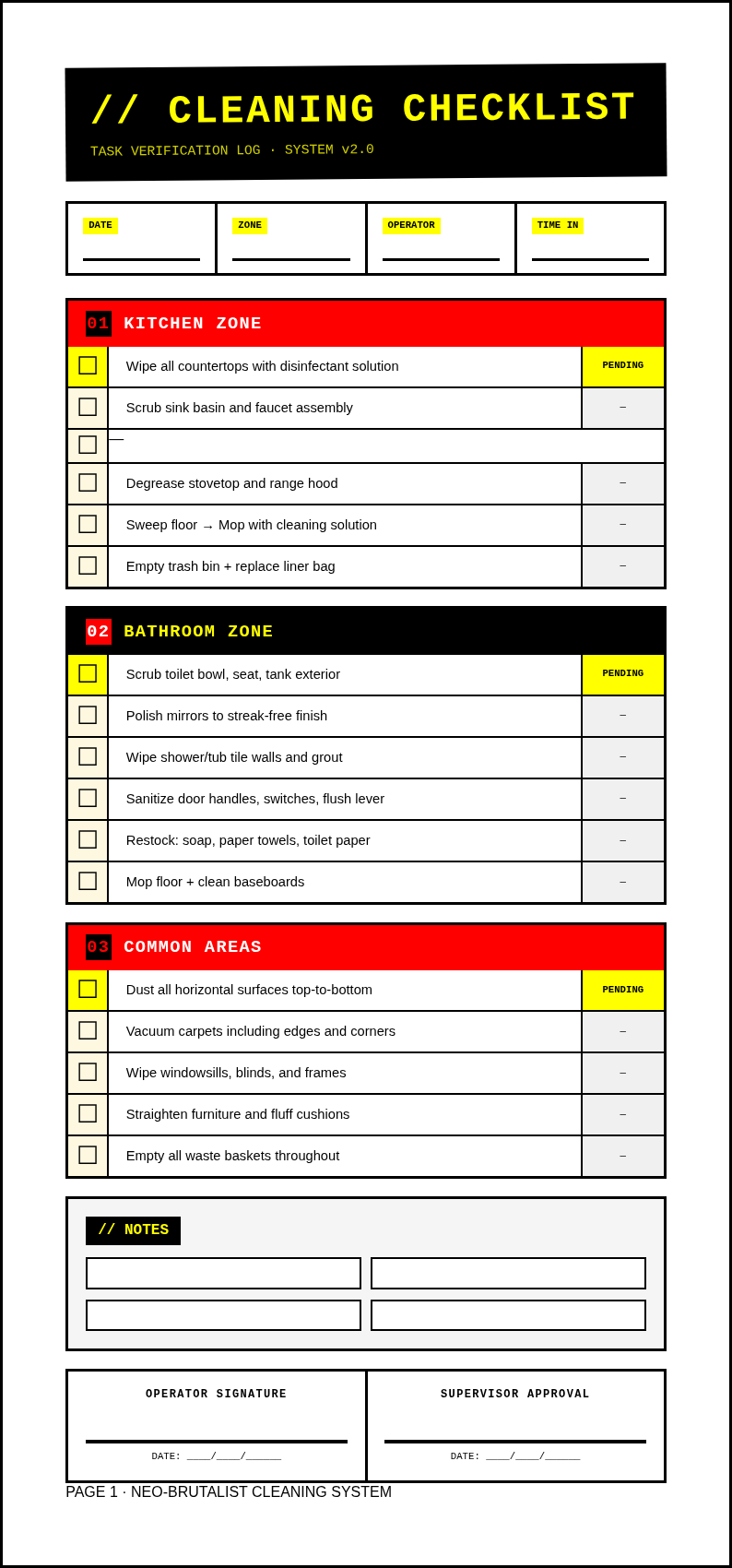 Neo brutalist cleaning checklist